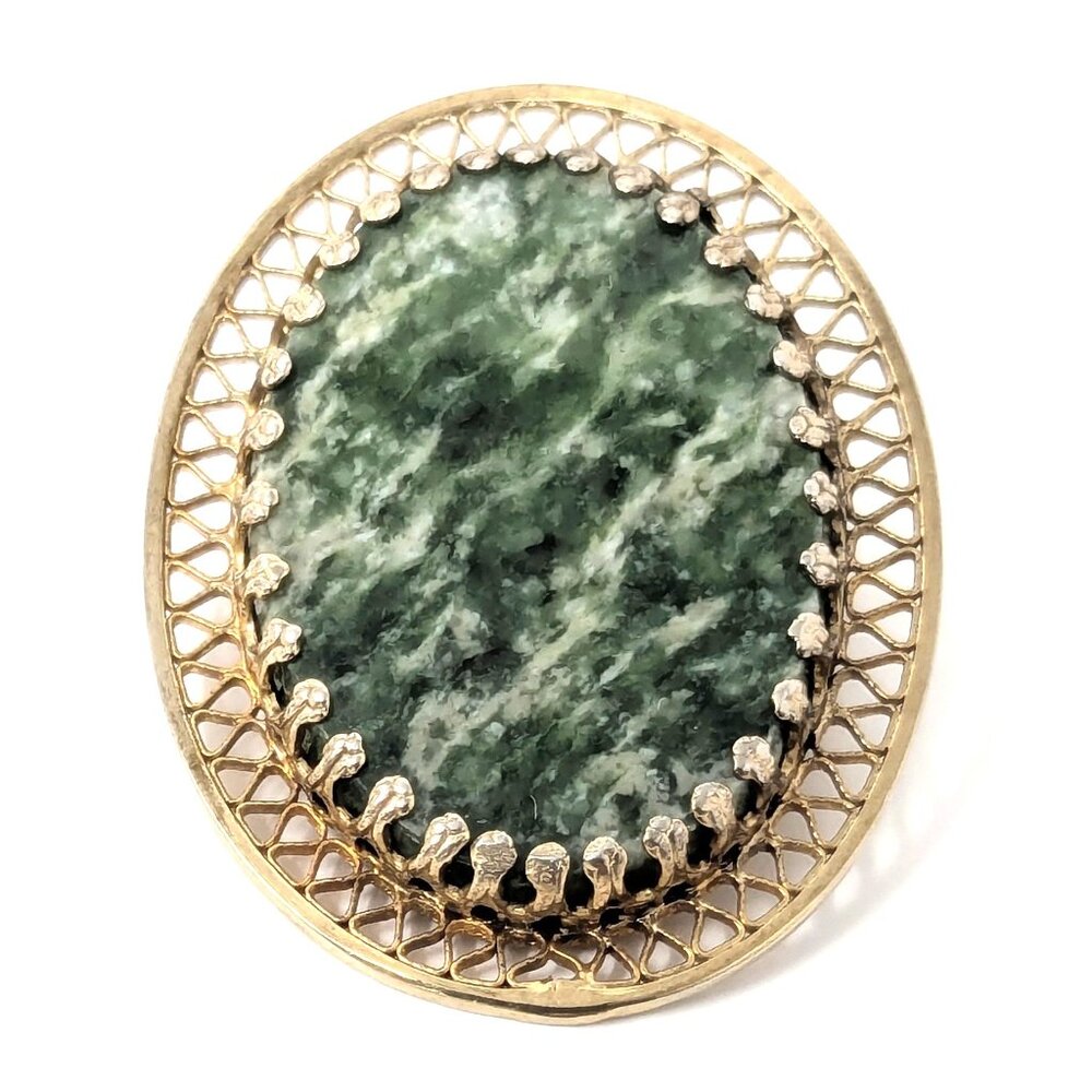 Vintage Spinach green jade Brooch 10K gold plated 1.5" Oval Filigree frame Prong